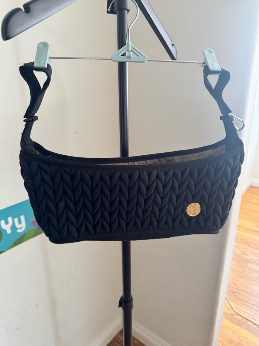 HAPP Brand Quilted Black Stroller Organizer with Gold Medallion